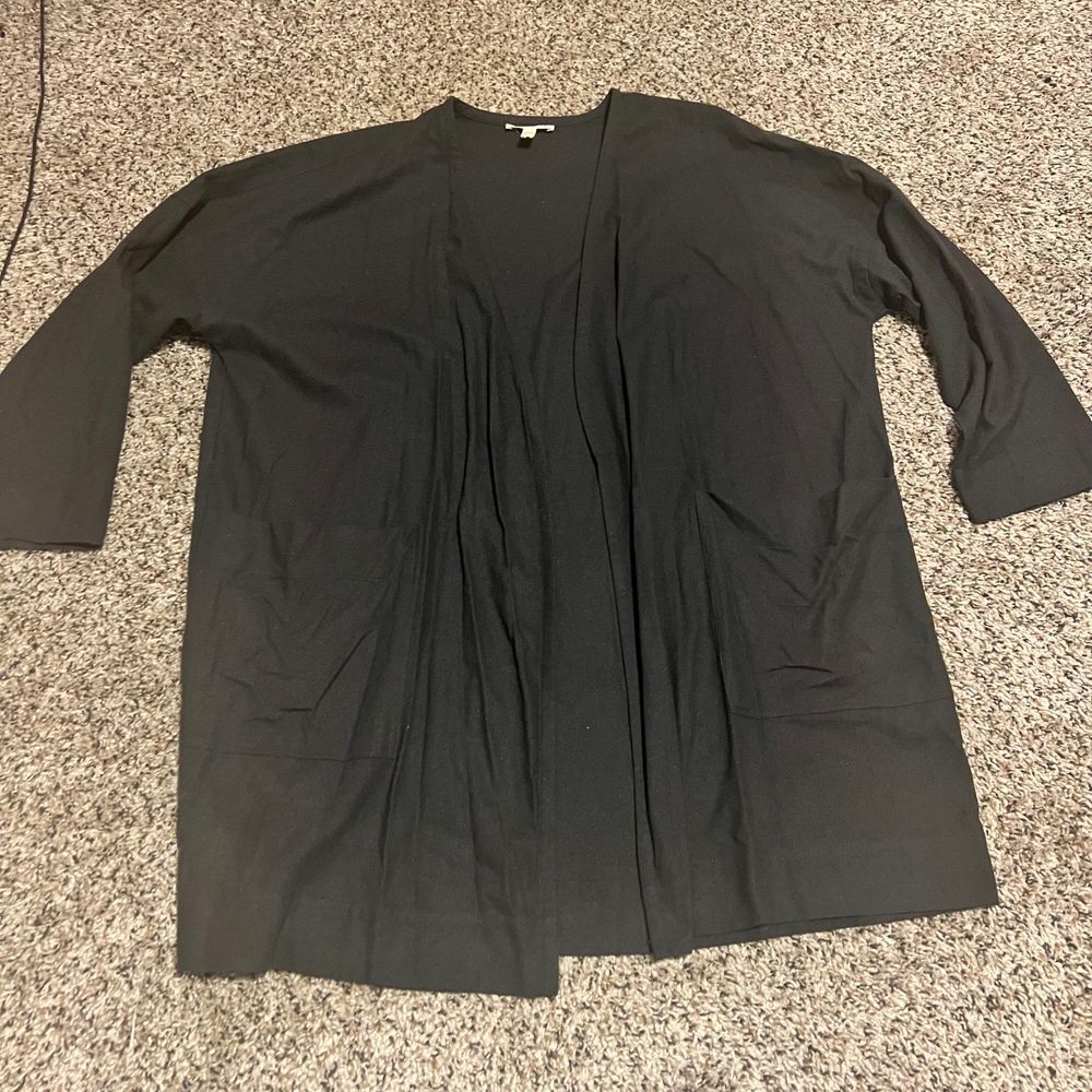 Eileen Fisher Black Open Front Cardigan Lightweight 3/4 Sleeve XS/TP